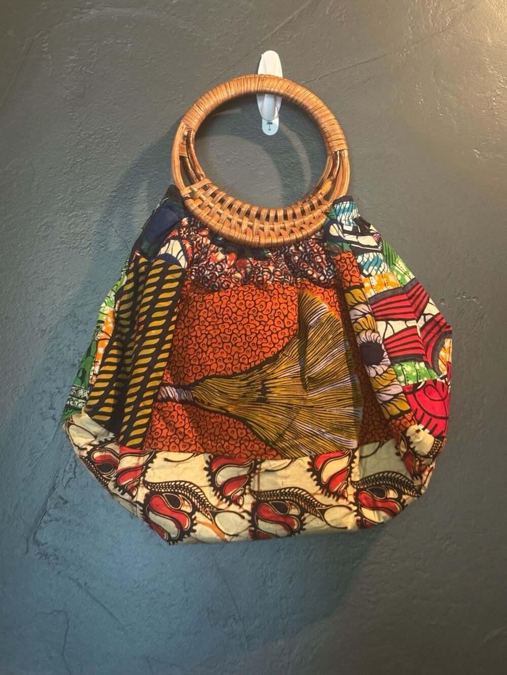 Boho Patchwork Ankara African Print Handbag with Rattan Handles